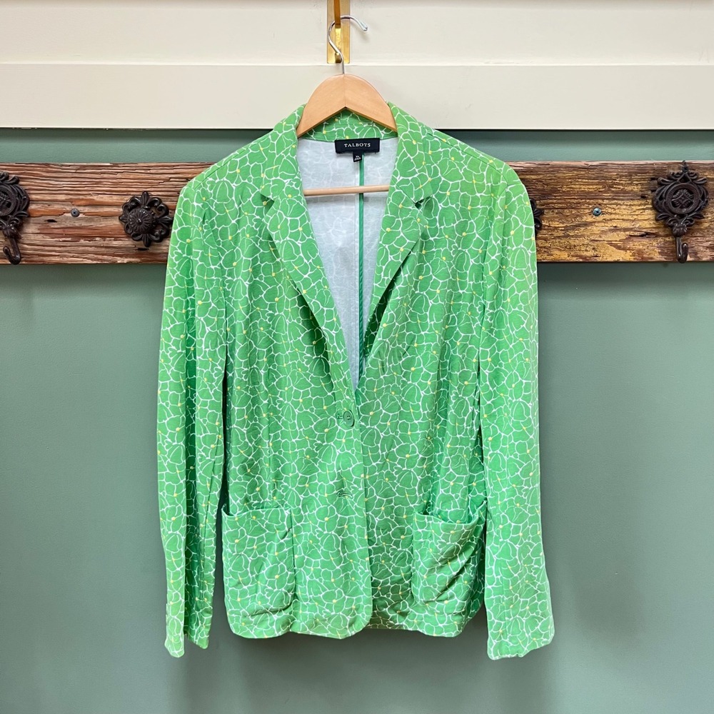 Talbots Womens XL Green Floral Knit Blazer‎ Jacket Two Button Cotton Blend